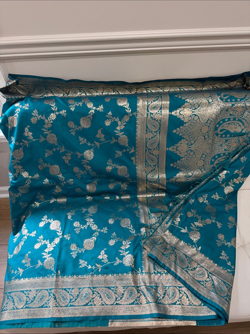Teal Silk Saree with Bronze Motifs and border